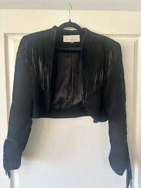 Black Suede Cropped Fringe Jacket by